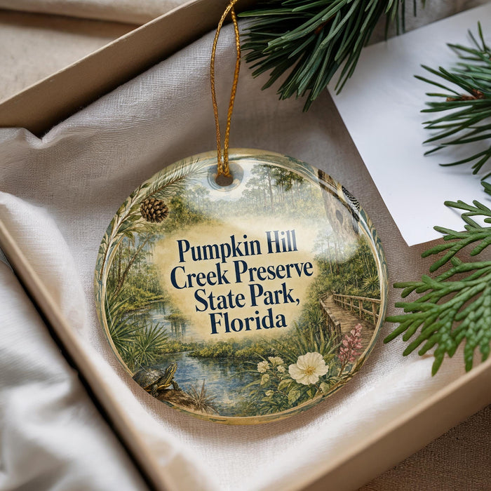 A glass ornament with a scenic image of Pumpkin Hill, Pumpkin Creek, and Pumpkin Creek State Park, Florida, is displayed in a box with pine branches.
