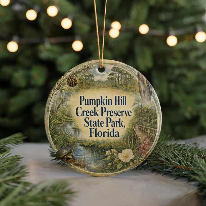 A round ornament with a picture of a forest and the text "Pumpkin Hill Creek Preserve State Park, Florida" hanging from a string.