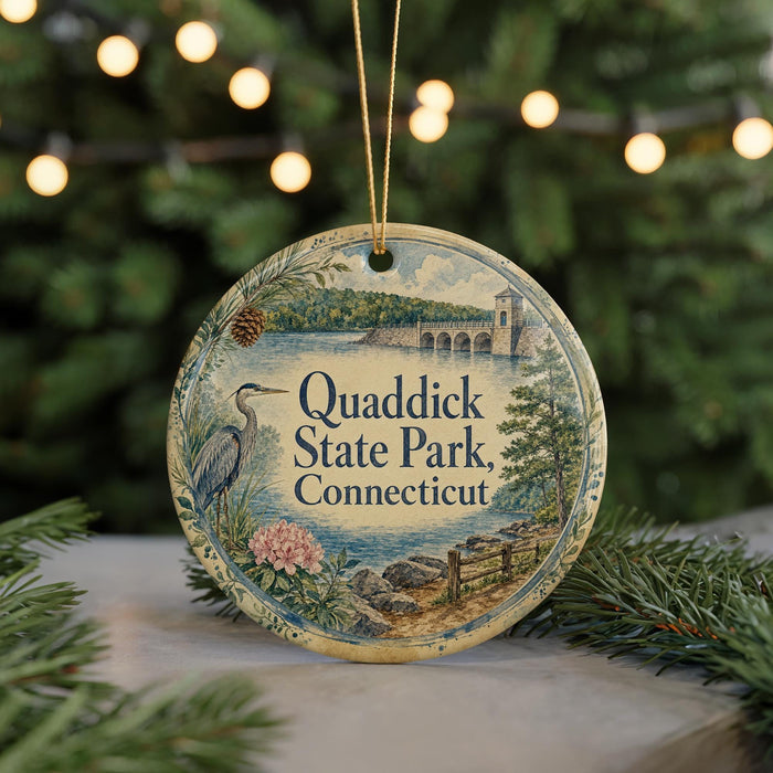 A round ornament with a scenic illustration of Quaddick State Park, Connecticut, featuring a bird, a bridge, and a river.