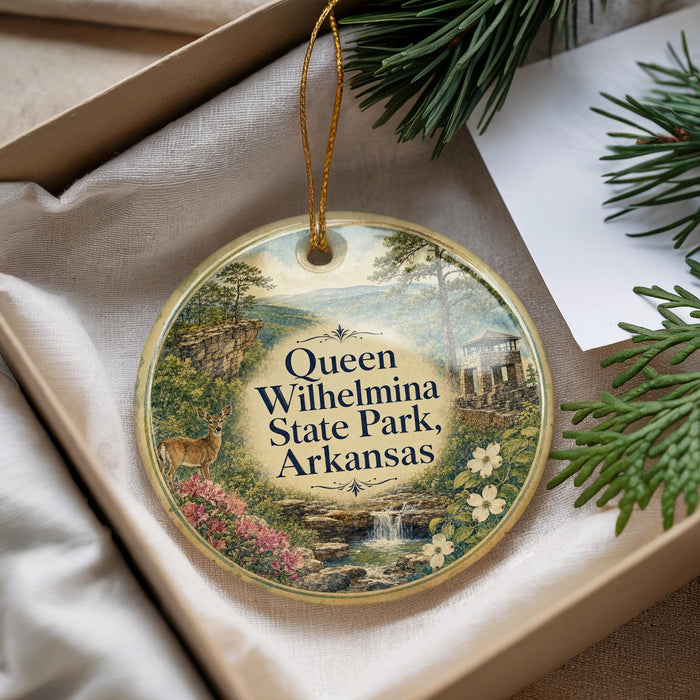 A decorative ornament with a scenic image of Queen Wilhelm State Park, Arkansas, hanging from a string.