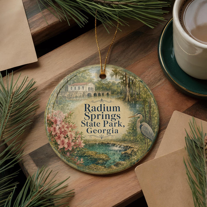 A decorative ornament featuring a scenic image of Radium Springs State Park in Georgia, surrounded by pine branches and a cup of coffee on a wooden surface.