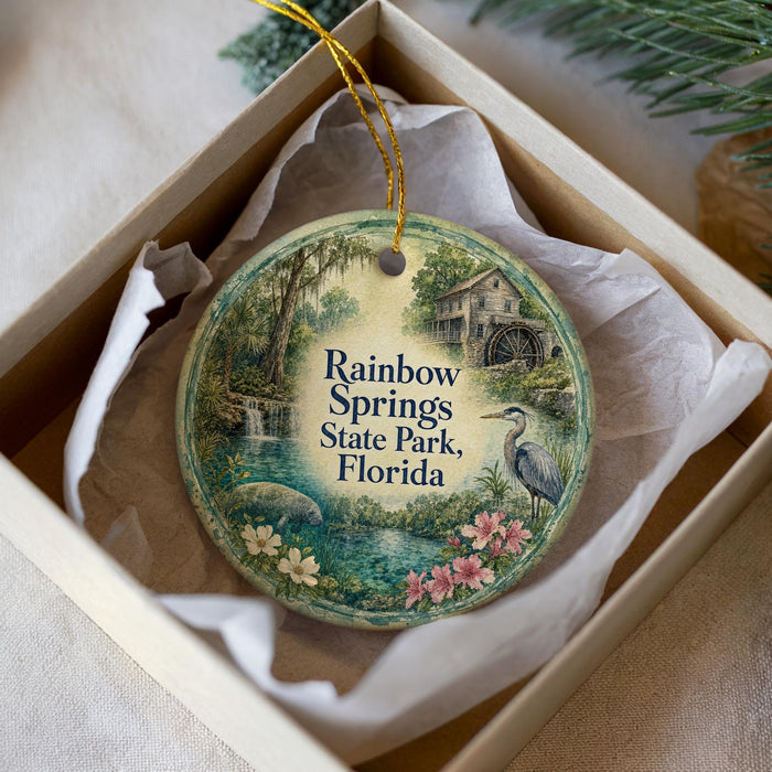 A decorative ornament in a white box, featuring a scenic illustration of a park with a waterfall, a bird, and flowers.