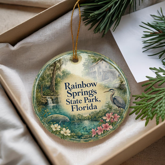 A decorative ornament with a scenic image of Rainbow Springs State Park, Florida, hanging from a string.