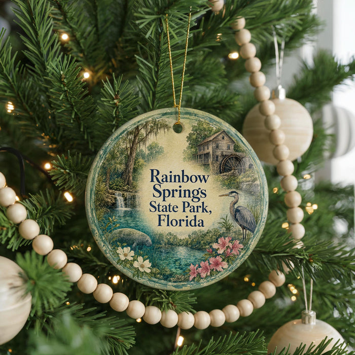 A round ornament hanging on a Christmas tree, featuring a scenic image of Rainbow Springs State Park in Florida.