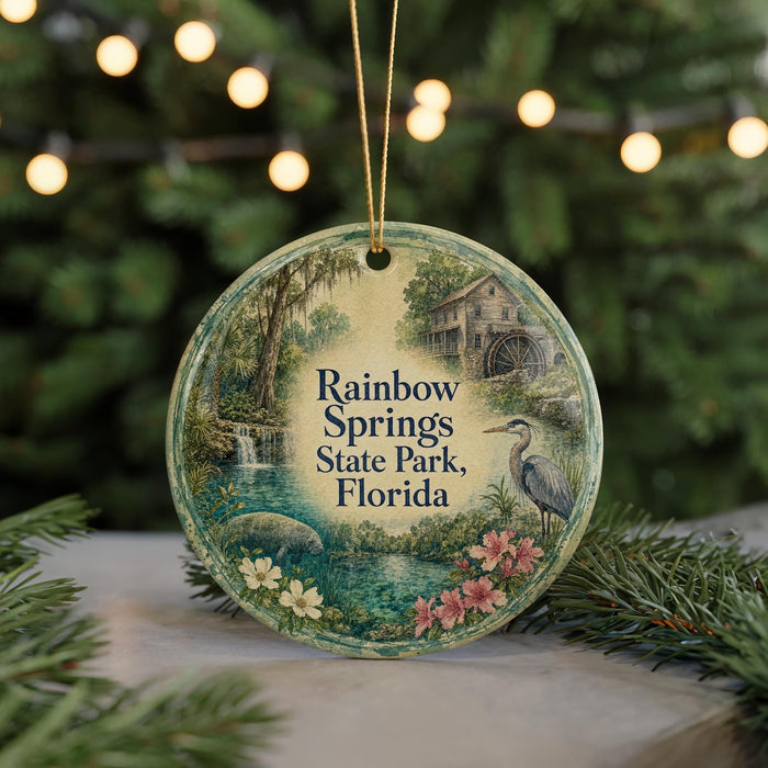 A round ornament with a painting of a scenic landscape, featuring a waterfall, a bird, and flowers, hangs in front of a Christmas tree with lights.