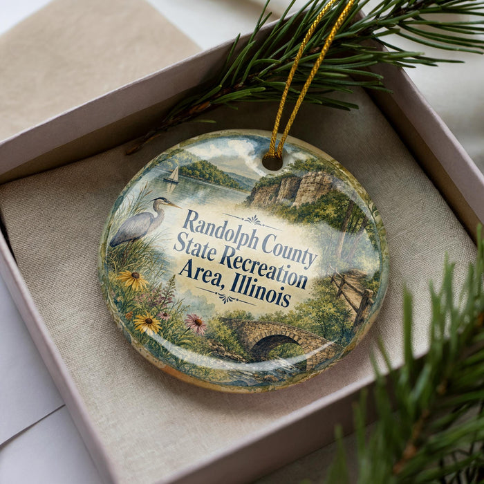 A decorative ornament in a box, featuring a scenic landscape with a lake, mountains, and a bird.