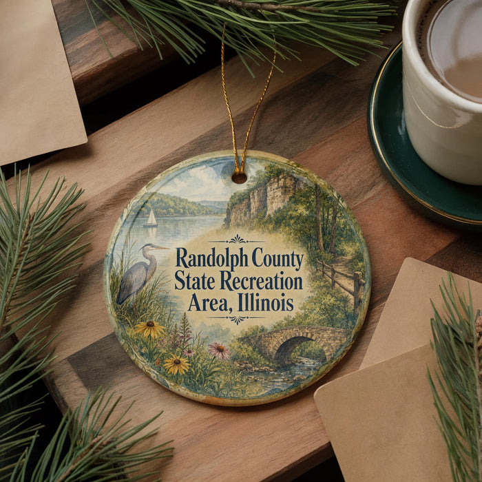 A decorative ornament with a scenic landscape, featuring a lake, bridge, and mountains, hangs on a wooden surface.