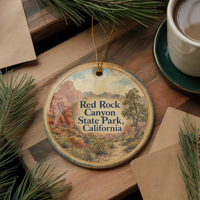 A circular ornament with a scenic image of the Red Rock Canyon State Park in California, featuring a mountain landscape and a path leading through the park.
