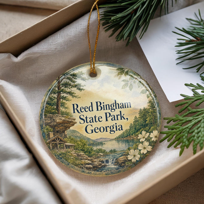 A decorative ornament with a scenic landscape of Reed Bingham State Park, Georgia, featuring a waterfall and pine trees.