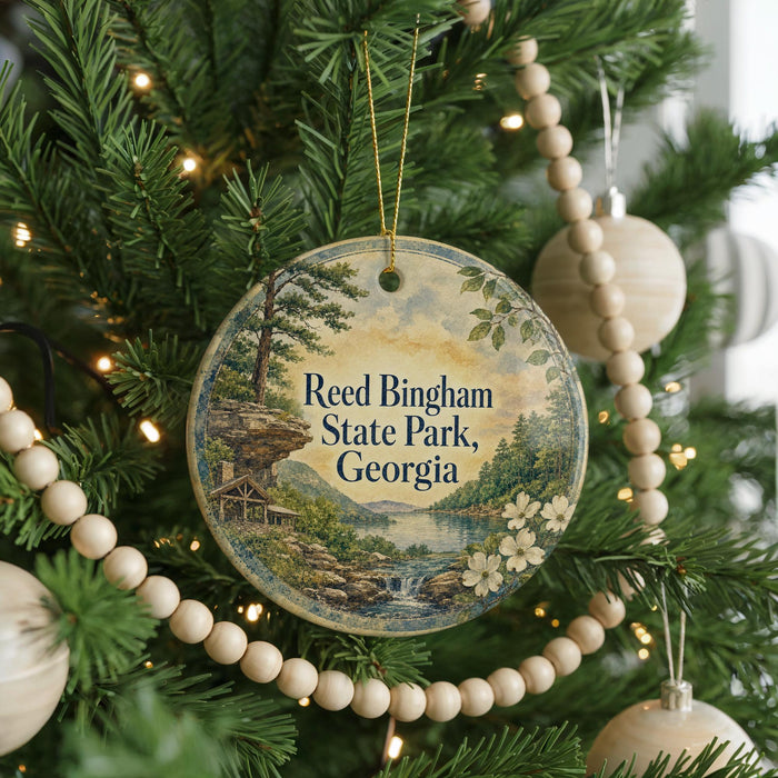 A round ornament hanging on a Christmas tree, featuring a scenic landscape with a waterfall and a cabin.