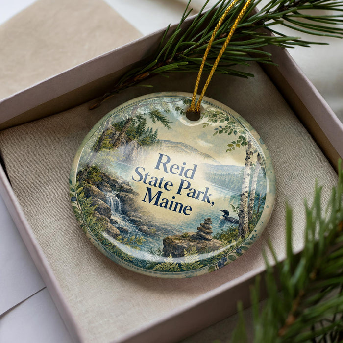 A decorative ornament in a box, featuring a scenic landscape with a waterfall and pine trees.