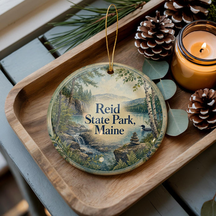 A wooden tray with a decorative ornament featuring a scenic landscape of Reid State Park, Maine, and pine cones.