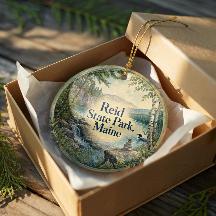 A decorative ornament in a brown box, featuring a scenic landscape with a waterfall and mountains, with the text "Reid State Park, Maine" printed on it.