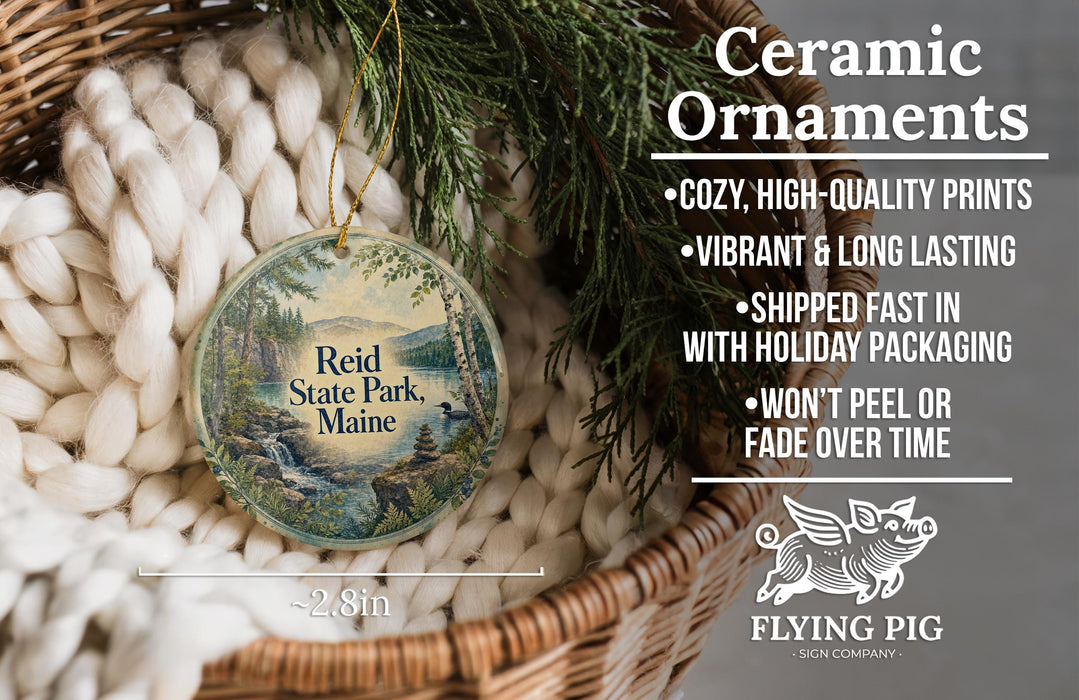 a ceramic ornament hanging from a wicker basket, with a description of the ornament and its features.