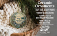 a ceramic ornament hanging from a wicker basket, with a description of the ornament and its features.