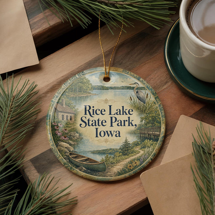 A decorative ornament with a scenic image of Rice Lake State Park, Iowa, featuring a canoe, a bird, and a house, is displayed on a wooden surface alongside a cup of coffee and some pine branches.