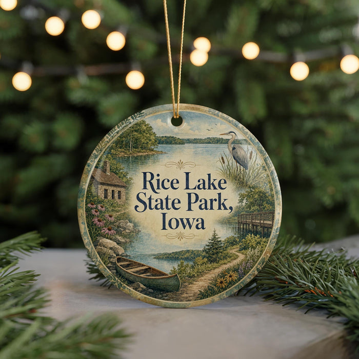 A round ornament with a scenic illustration of Rice Lake, State Park, Iowa, featuring a boat, a bird, and a path leading to a house.