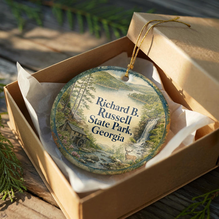 An ornament in a box, featuring a scenic image of a waterfall and forest, with the text "Richard B. Russell State Park, Georgia" printed on it.
