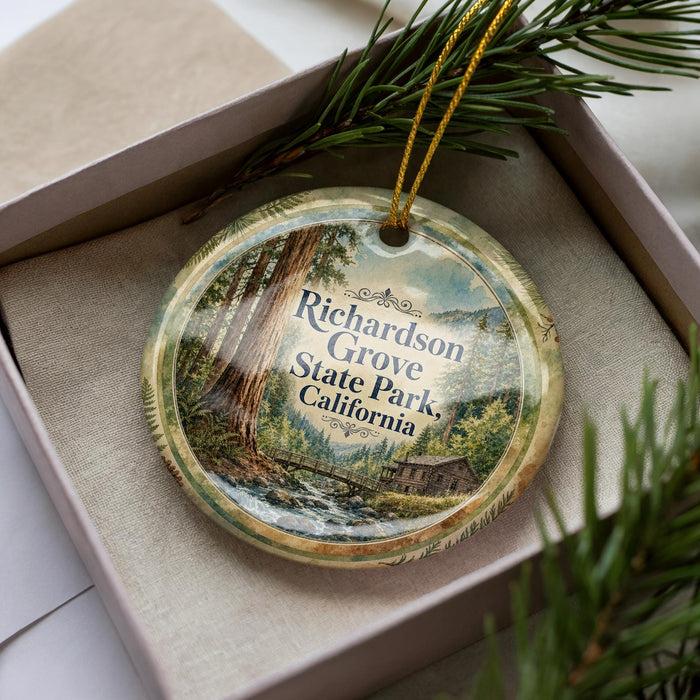 A decorative ornament with a scenic image of a forest and a river, featuring the text "Richardson Grove State Park, California".