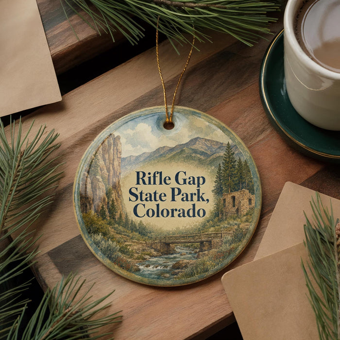 A decorative ornament featuring a scenic landscape with mountains, a river, and pine trees, hanging on a wooden surface.