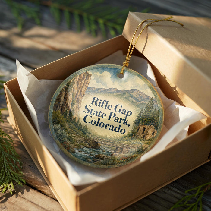 A round ornament in a box, featuring a scenic landscape with mountains, trees, and a river.