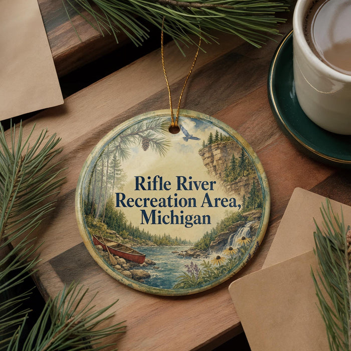 A round ornament with a scenic image of a river and forest, along with the text "Rifle River Recreation Area, Michigan".