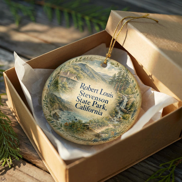 An ornamental ornament in a wooden box, featuring a scenic landscape with mountains, waterfalls, and greenery.