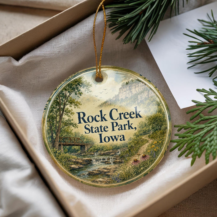 A decorative ornament with a scenic image of Rock Creek State Park, Iowa, hanging from a string.