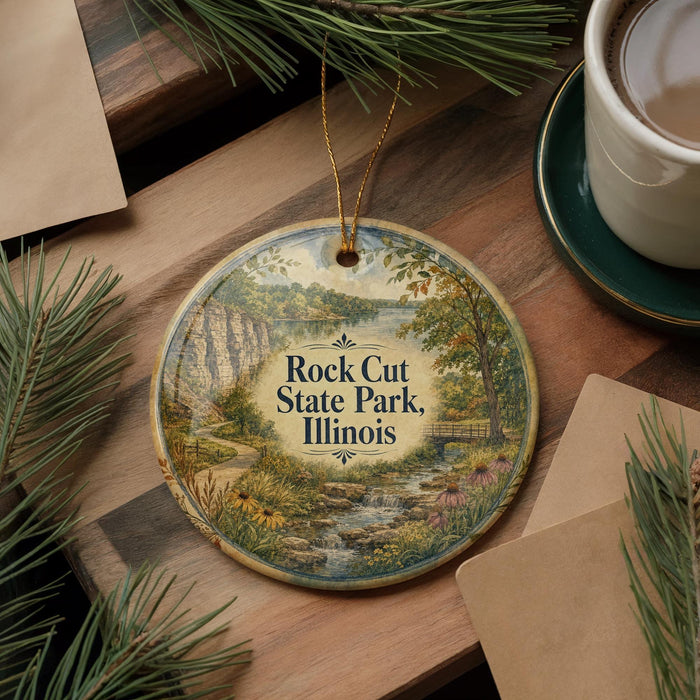 A decorative ornament featuring a scenic landscape of Rock Cut State Park in Illinois, with a stream and trees, is displayed on a wooden surface alongside a cup of coffee and some pine branches.
