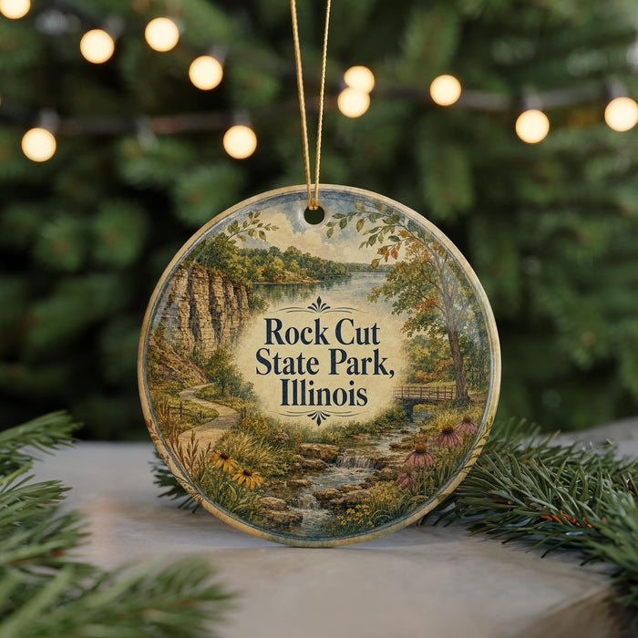 A decorative ornament featuring a scenic landscape with a river, trees, and a bridge, hanging from a string.