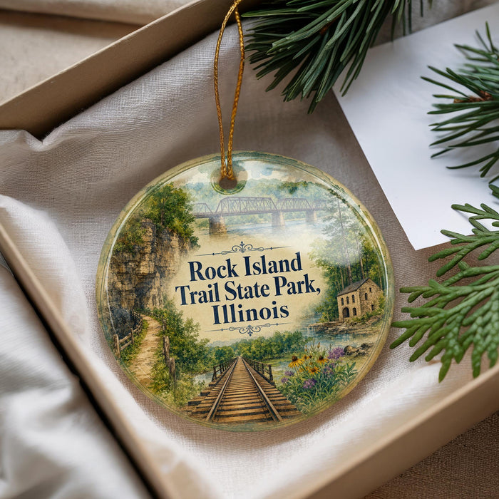 A decorative ornament with a scenic image of a trail in Rock Island Trail State Park, Illinois, hanging from a string.