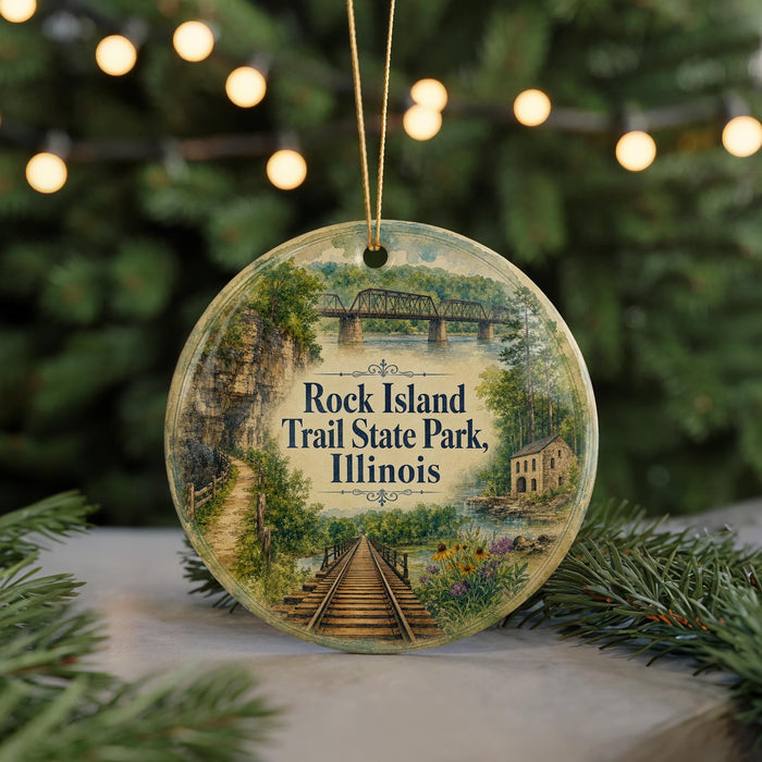 A decorative ornament featuring a scenic image of Rock Island Trail State Park in Illinois, with a bridge and a path leading through the landscape.