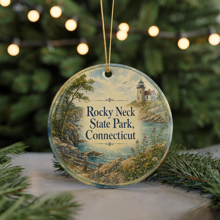 A round ornament with a lighthouse and a scenic landscape, featuring the text "Rocky Neck State Park, Connecticut" on it, is displayed in front of a blurred background with Christmas lights.