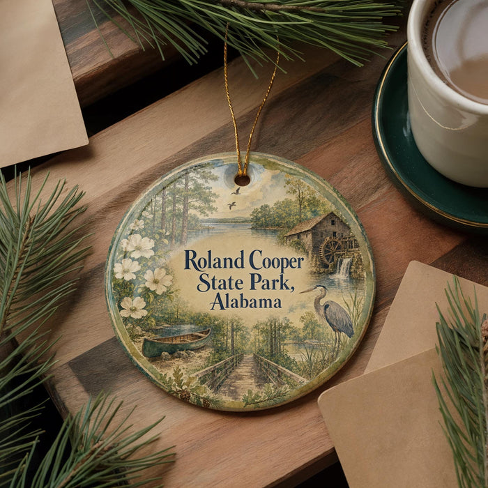 A round ornament with a scenic illustration of Roland Cooper State Park, Alabama, is displayed on a wooden surface alongside a cup of coffee and some pine branches.