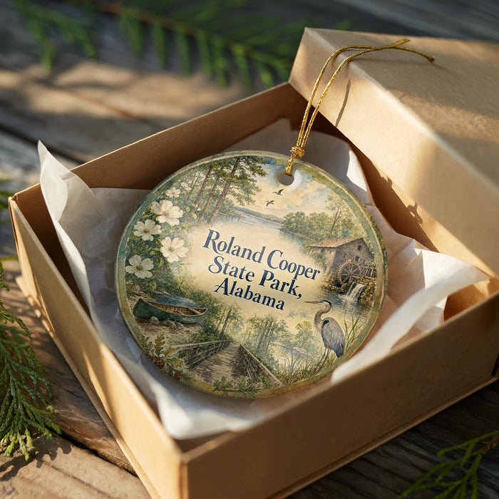A round ornament in a brown box, featuring a scenic landscape with a river, trees, and a bird, is displayed on a wooden surface.