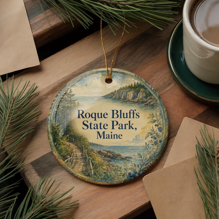 A circular ornament with a scenic landscape of Roque Bluffs State Park, Maine, hangs on a wooden surface.