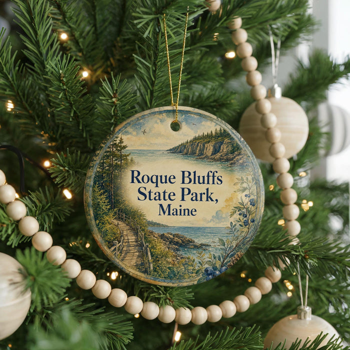 A Christmas tree decorated with ornaments, including a circular ornament with a scenic image of Rogue Bluffs State Park, Maine.