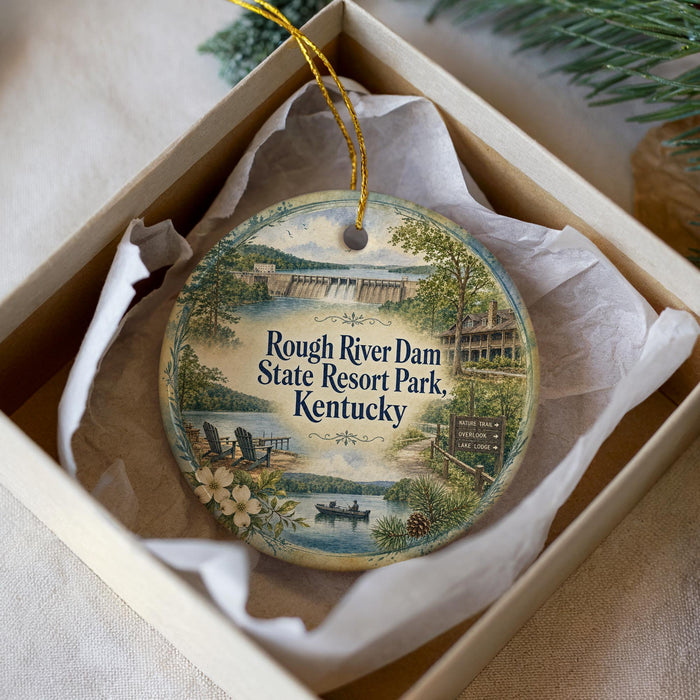A decorative ornament in a box, featuring a scenic image of Rough River Dam, State Resort Park, and Kentucky.