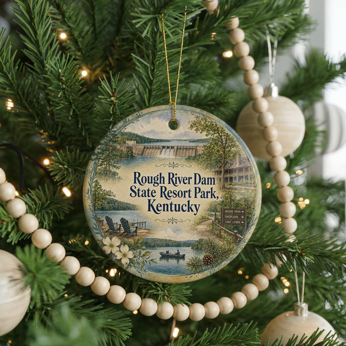 A round ornament hanging on a Christmas tree, featuring a scenic view of the Rough River Dam and State Resort Park in Kentucky.