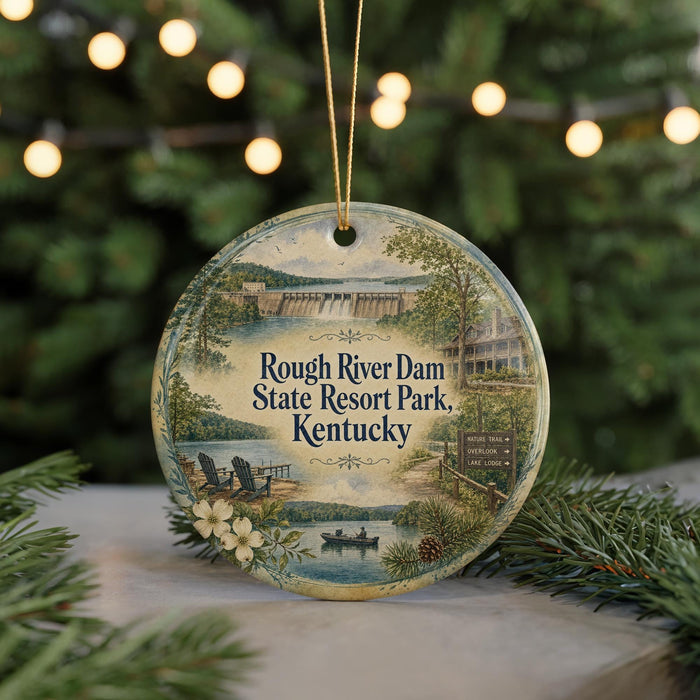 A decorative ornament featuring a scenic image of Rough River Dam, State Resort Park, and Kentucky, with a boat and a cabin in the foreground.