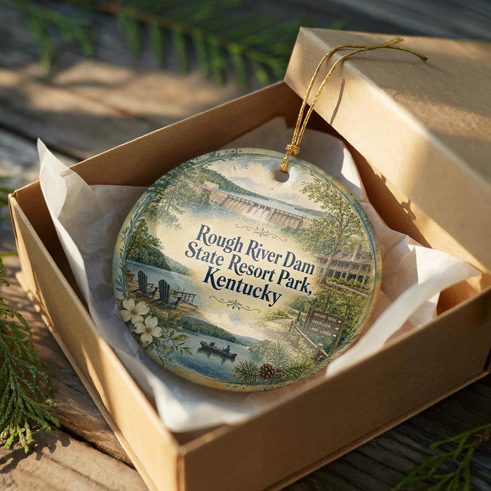An ornament in a box, featuring a scenic image of the Rough River Dam and State Resort Park in Kentucky.