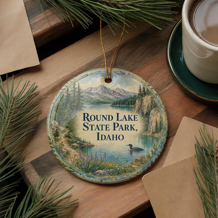 A round ornament with a scenic landscape of Round Lake State Park in Idaho, featuring a lake, mountains, pine trees, and a duck swimming in the water.