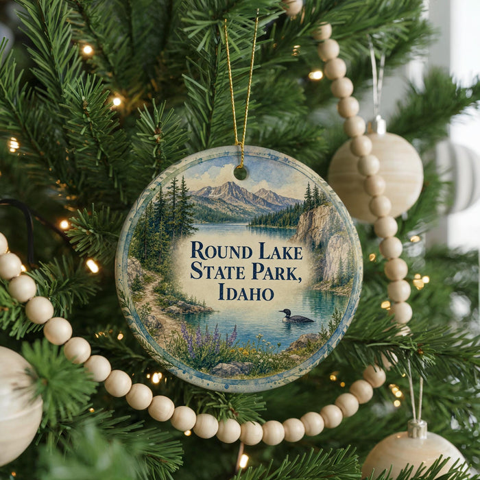A round ornament hanging on a Christmas tree, featuring a scenic landscape with mountains, a lake, and a bird in the water.
