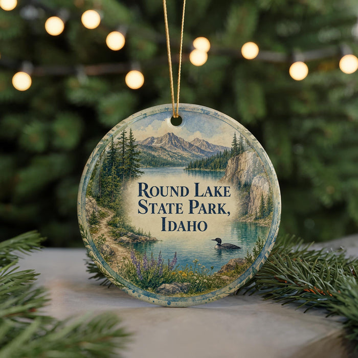 A round ornament with a scenic landscape of Round Lake State Park, Idaho, featuring a lake, mountains, and a duck swimming in the water.