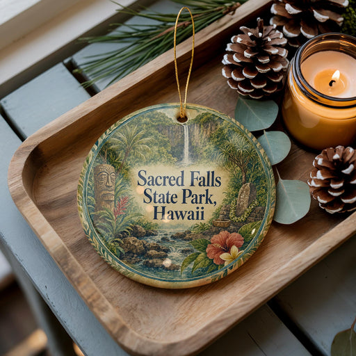 A decorative ornament with a tropical forest scene and the text "Sacred Falls State Park, Hawaii" is displayed on a wooden tray, accompanied by pine cones and a lit candle.