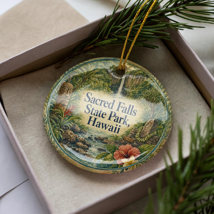 A decorative ornament in a box, featuring a tropical landscape with palm trees, a waterfall, and a Buddha statue.