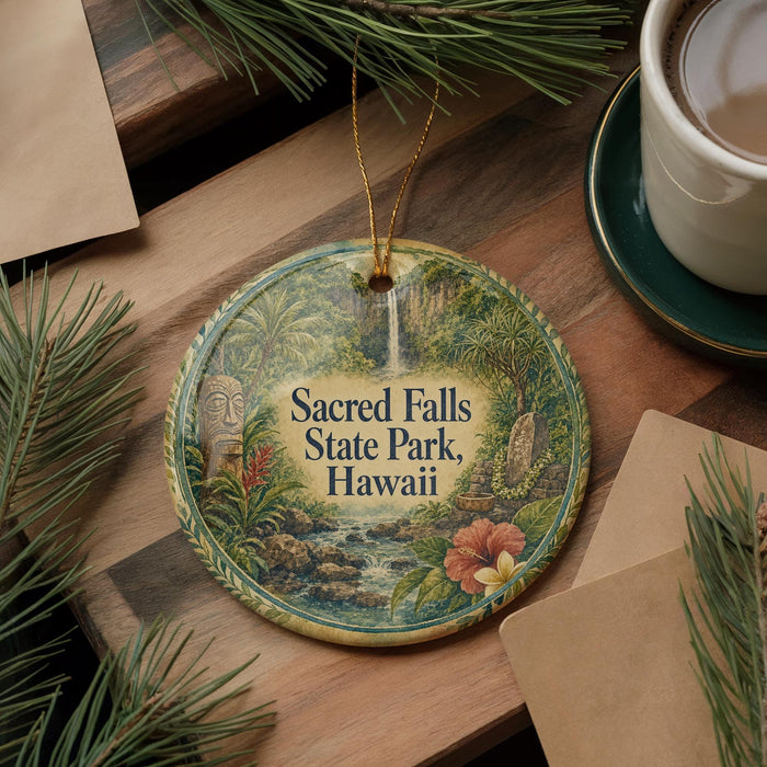 A decorative ornament with the text "Sacred Falls State Park, Hawaii" is displayed on a wooden surface, surrounded by pine branches and a cup of coffee.