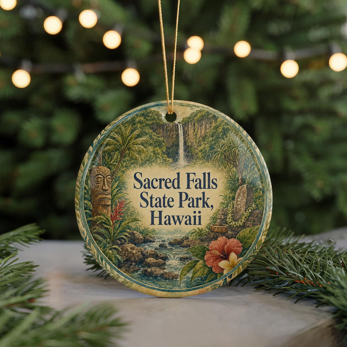 A round ornament with a tropical forest scene and a waterfall, featuring the text "Sacred Falls State Park, Hawaii".