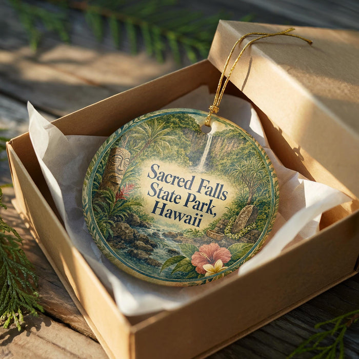 A decorative ornament in a wooden box, featuring a tropical landscape with a waterfall and various flora.