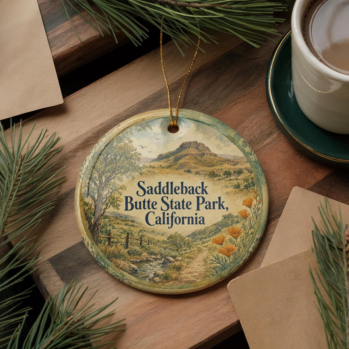 A decorative ornament featuring a scenic landscape of Saddleback Butte State Park, California, with a mountain and a stream in the background.